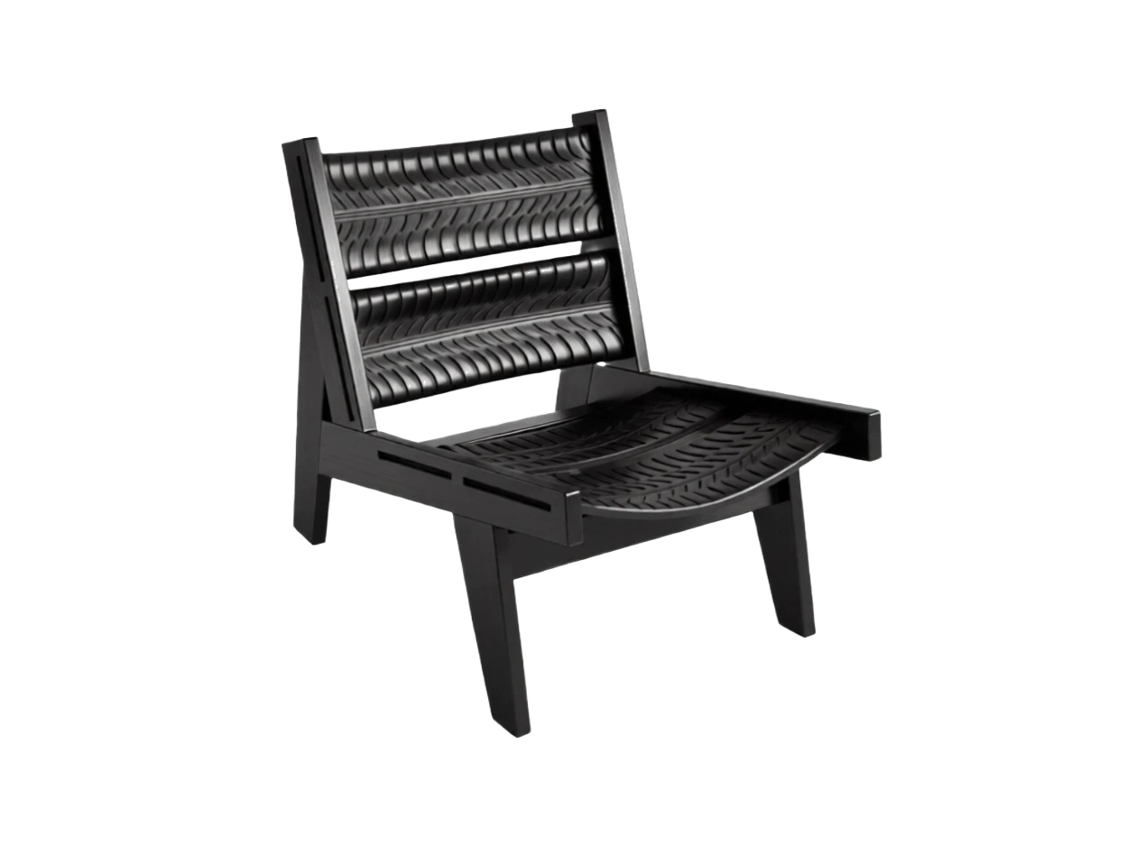 Tyre chair made from recycled car tyres and box section metal.
